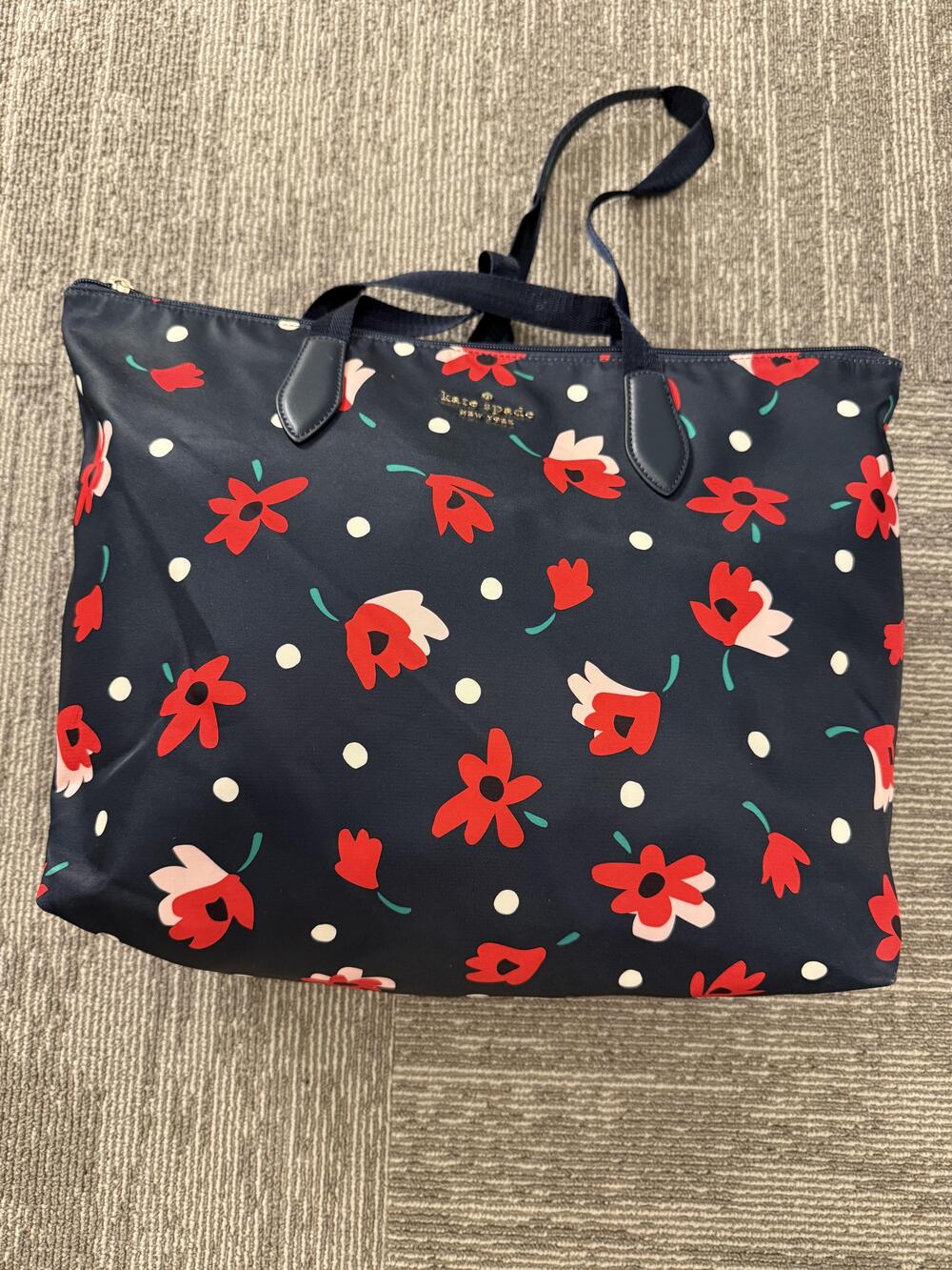 Kate Spade New York Tote Bag Large Womens Navy Floral Polka Dot Shoulder Zip Top